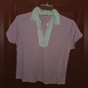 NWT St John's Bay Women's Sz Petite Large Shirt Top Pink/white Striped w/collar